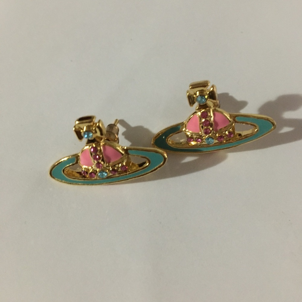 Vivienne Westwood gold pink and teal orb earrings
